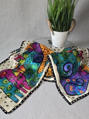 Vtg Laurel Burch Bold Multicolor Cat Dog Silk Scarf with Teal, Purple & Pink